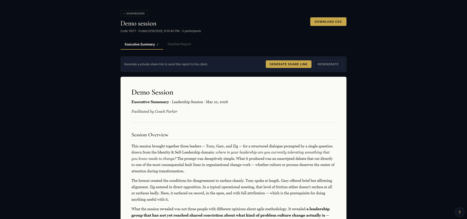 The top of a Speakr executive summary report, showing the title 'Demo Session', the eyebrow 'Executive Summary · Leadership Session · May 10, 2026', and the opening paragraphs of the Session Overview